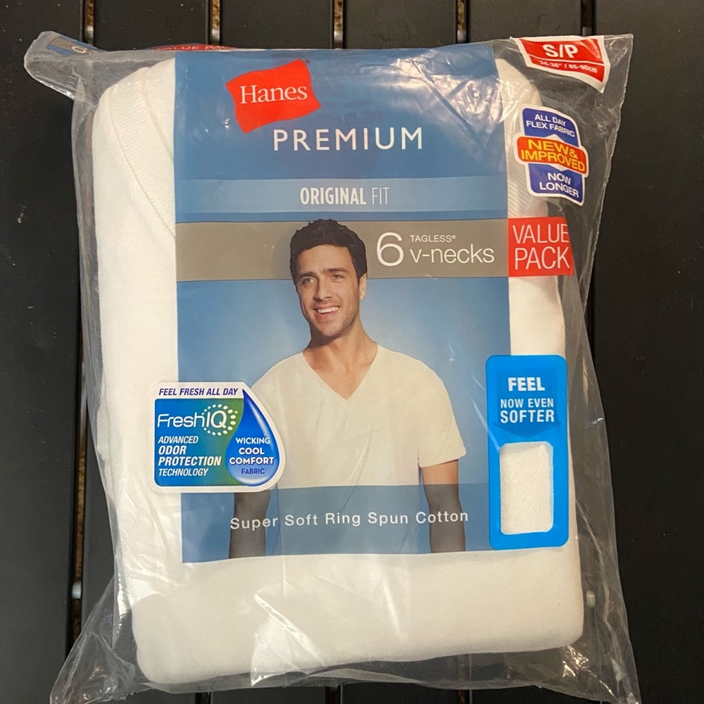 Hanes Tagless White V-Neck Shirts, Small, 6 pack ~ NEW